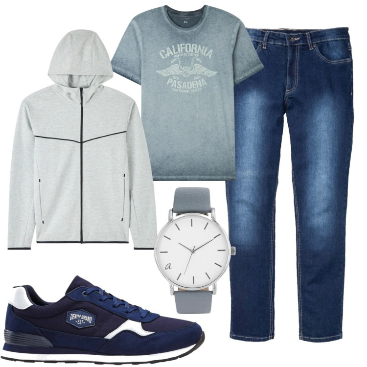 Outfit uomo - Grigio azzurro. Stile Urban per Tutti i giorni. Abbinamento con sneakers, jeans slim fit, felpe con cappuccio, t-shirt, orologi.