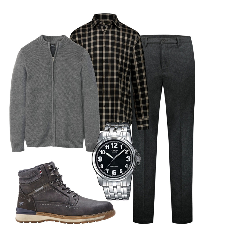 Outfit uomo - City. Stile Trendy per Tutti i giorni. Abbinamento con cardigans, stivali e stivaletti, pantaloni, camicie, orologi analogici.