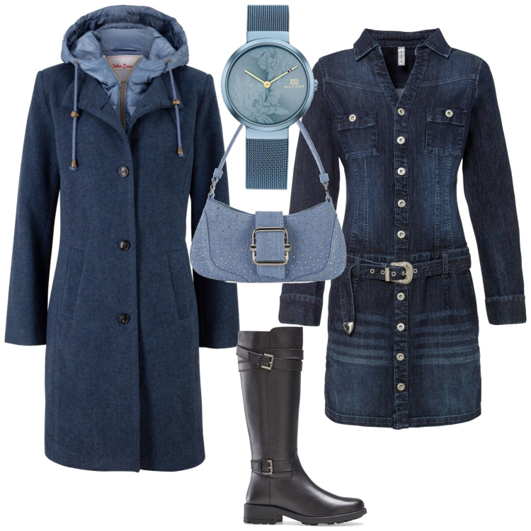 Outfit donna - A passeggio in blu. Stile Urban per Tutti i giorni. Abbinamento con cappotti, vestiti, stivali, borse a spalla, orologi analogici.