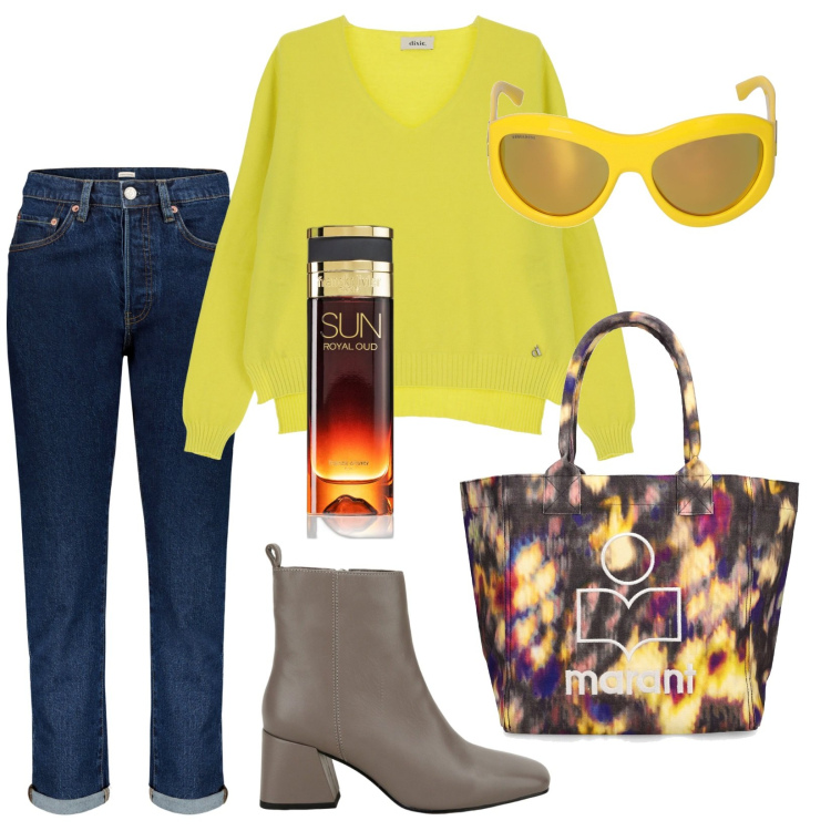 Outfit donna - Total look #1805248. Stile Casual per Tutti i giorni. Abbinamento con profumi, pullovers, stivaletti, jeans, occhiali da sole, shopping bag.