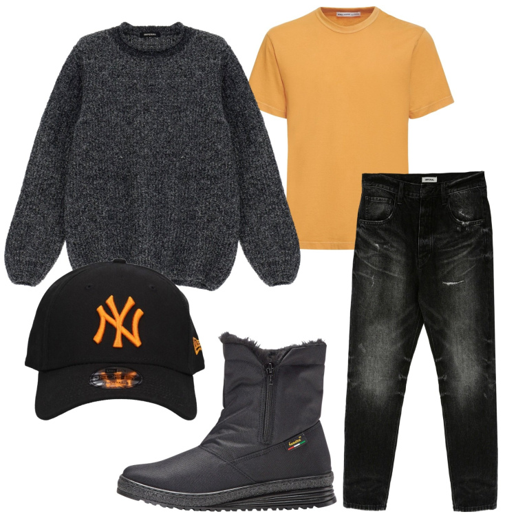 Outfit uomo - Tutti i giorni. Stile Casual per Tutti i giorni. Abbinamento con stivali e stivaletti, jeans slim fit, pullovers, t-shirt, cappelli con visiera.