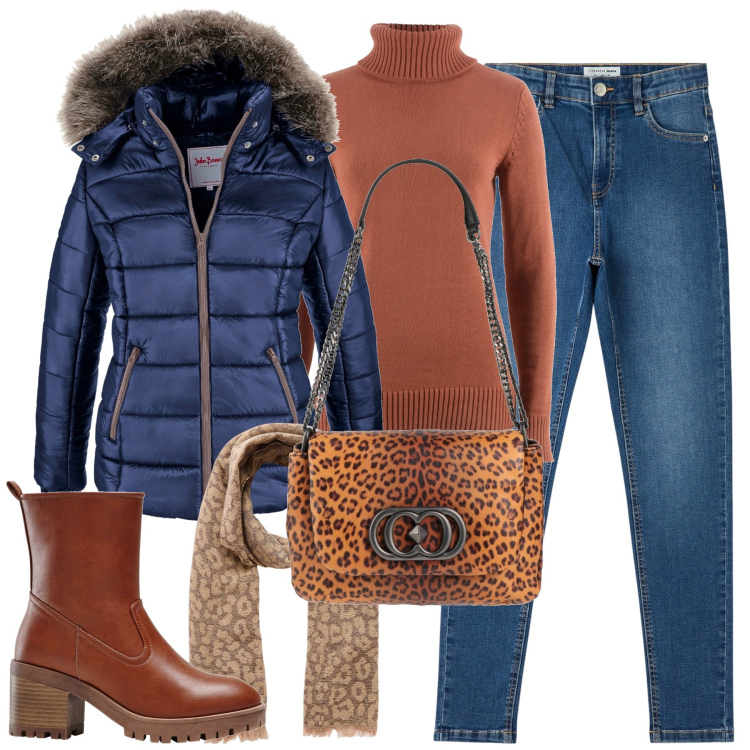 Outfit donna - City. Stile Basic per Tutti i giorni. Abbinamento con stivaletti, piumini, maglieria, borse a spalla, sciarpe, jeans skinny.