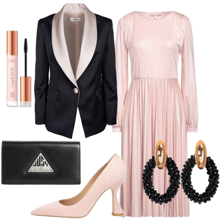 Outfit donna - Total look #1805284. Stile Chic per Cerimonia. Abbinamento con vestiti midi/longuette, borse a mano, décolleté, orecchini, mascara, blazer.