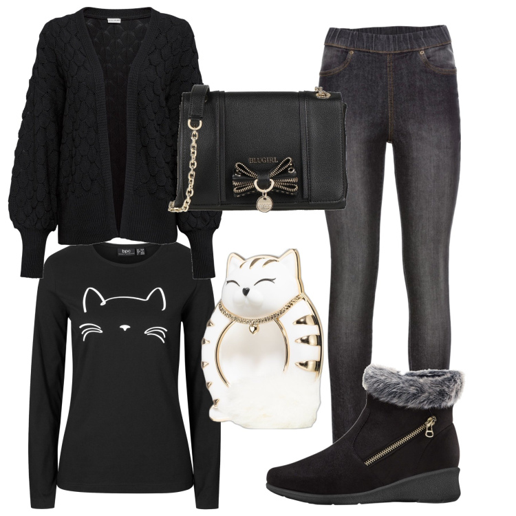 Outfit donna - Gattomania. Stile Casual per Tutti i giorni. Abbinamento con cardigans, jeggings, stivaletti, maglieria, borse a tracolla, profumi.