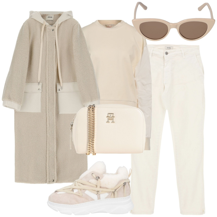 Outfit donna - Total look #1805307. Stile Casual chic per Tutti i giorni. Abbinamento con felpe, sneakers, borse a tracolla, cappotti, jeans slim fit, occhiali da sole.