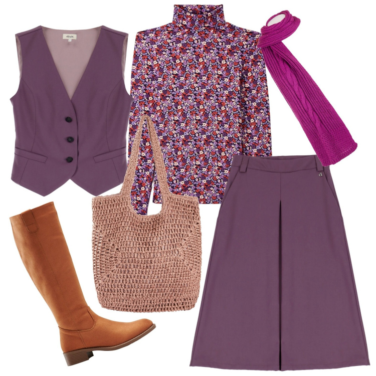 Outfit donna - Con gilet. Stile Casual per Tutti i giorni. Abbinamento con stivali, shopping bag, t-shirt, sciarpe, gonne longuette, gilet.