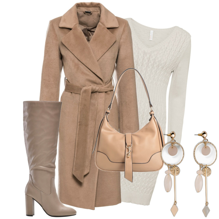 Outfit donna - Total look #1805316. Stile Minimal per Tutti i giorni. Abbinamento con vestiti, orecchini, cappotti, stivali sopra il ginocchio, borse a spalla.