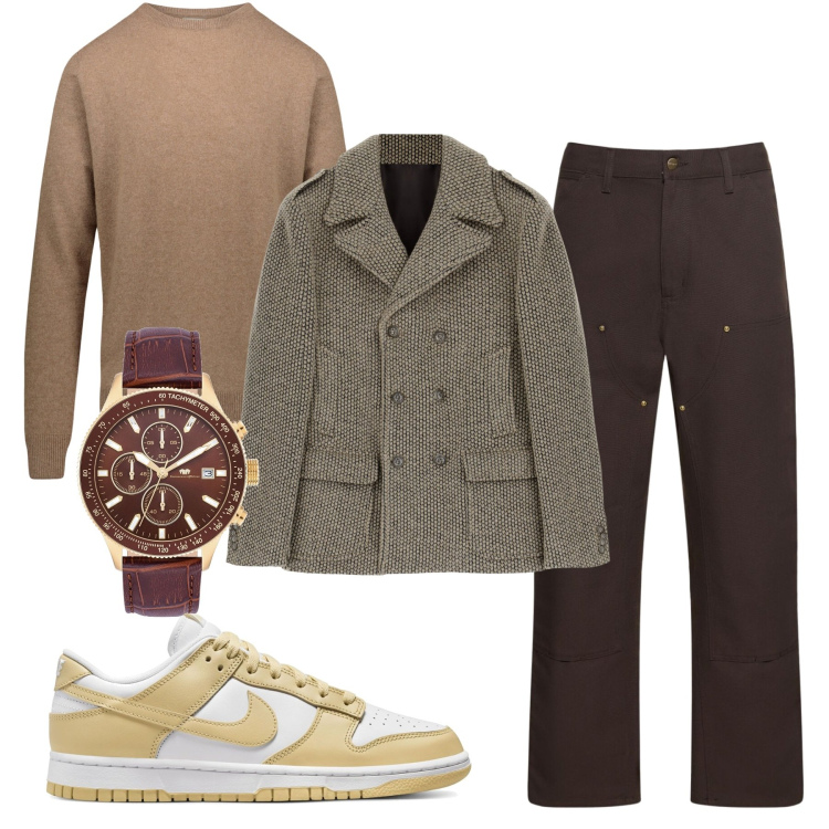 Outfit uomo - Inverno. Stile Trendy per Tutti i giorni. Abbinamento con orologi, cappotti, maglieria, jeans, sneakers.