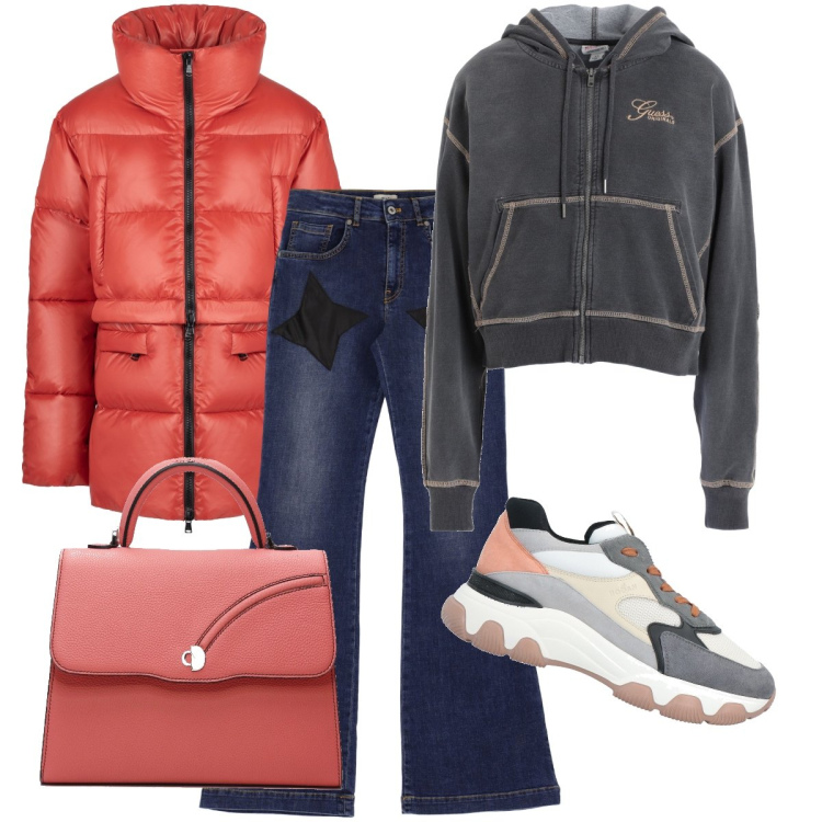 Outfit donna - Sporty chic. Stile Sporty chic per Tutti i giorni. Abbinamento con sneakers, felpe con cappuccio, jeans, piumini, borse a mano.
