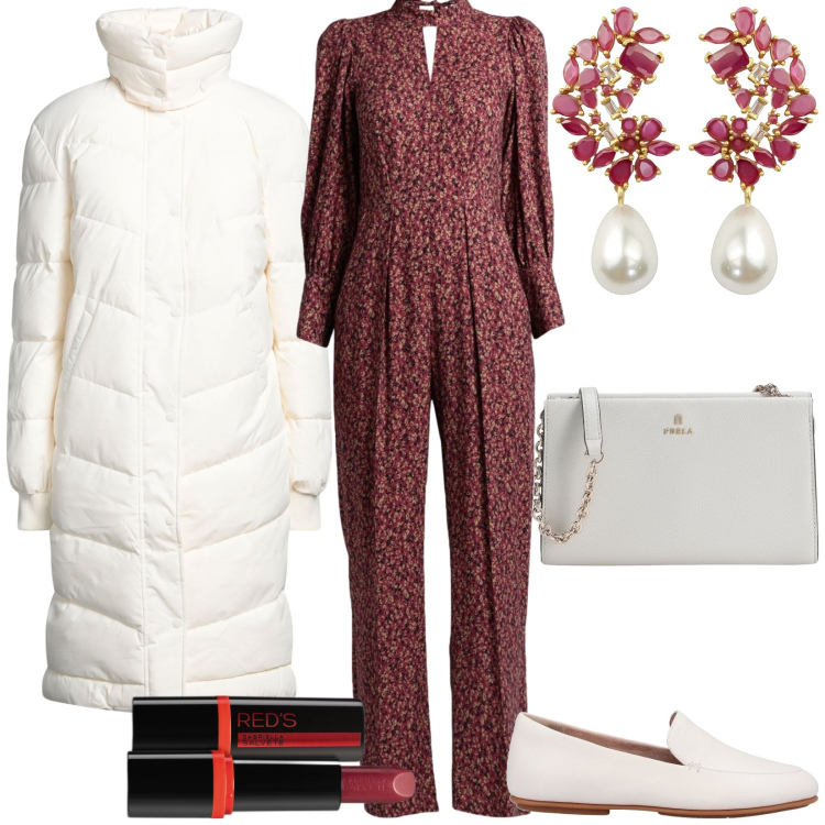 Outfit donna - Total look #1805358. Stile Casual chic per Tutti i giorni. Abbinamento con tute, piumini, orecchini, mocassini, borse a tracolla, rossetti.