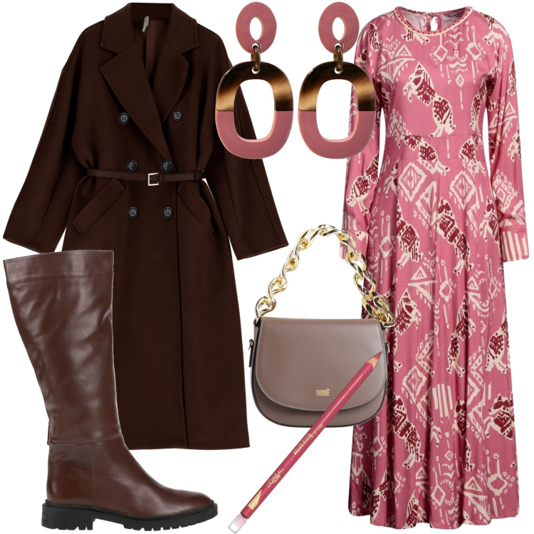 Outfit donna - Total look #1805397. Stile Casual per Ufficio. Abbinamento con stivali, vestiti lunghi, borse a mano, orecchini, matite labbra, cappotti.