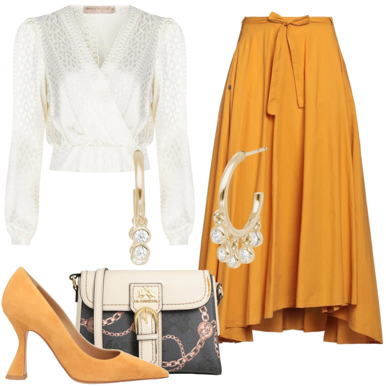 Outfit donna - Blusa elegante per l\'ufficio o sera. Stile Chic per Tutti i giorni. Abbinamento con décolleté, gonne lunghe, borse a tracolla, orecchini, bluse.