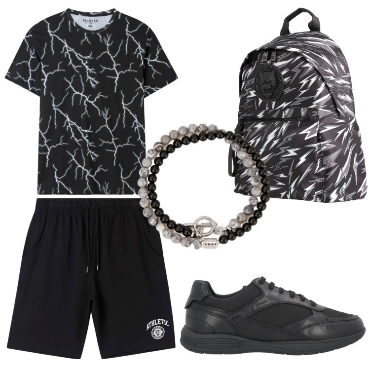 Outfit uomo - Rami & foglie. Stile Urban per Tutti i giorni. Abbinamento con sneakers, borse sportive, t-shirt, bermuda, braccialetti.