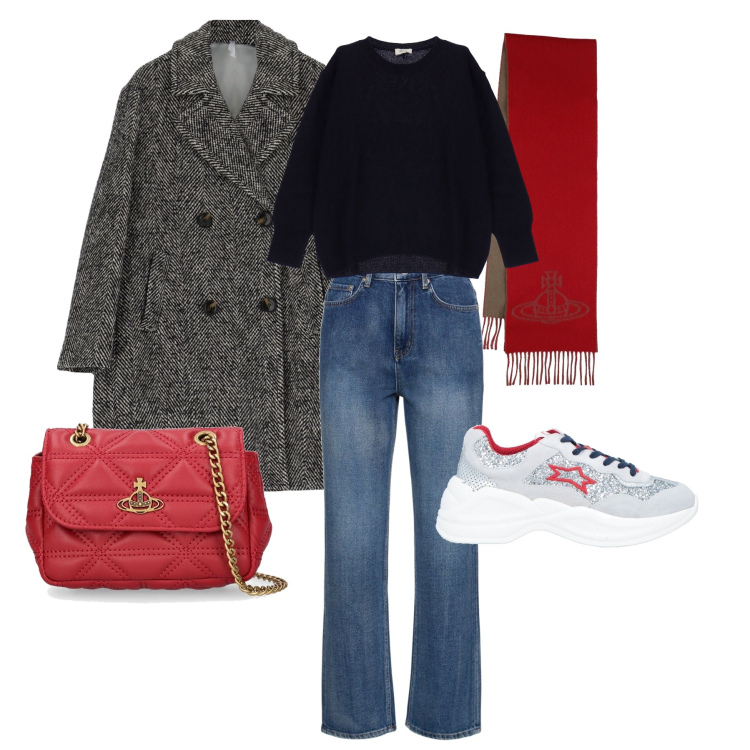 Outfit donna - Total look #1805412. Stile Casual per Tutti i giorni. Abbinamento con sneakers, cappotti, pullovers, borse a spalla, jeans, sciarpe.