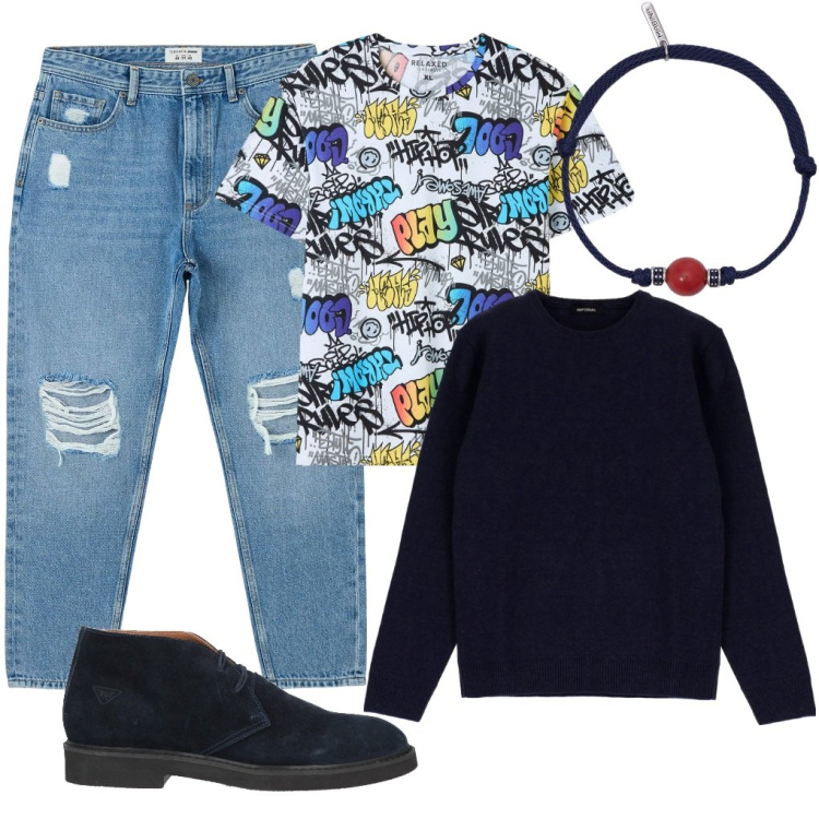 Outfit uomo - Comics 2024. Stile Urban per Tutti i giorni. Abbinamento con stivali e stivaletti, jeans strappati, t-shirt, braccialetti, pullovers.
