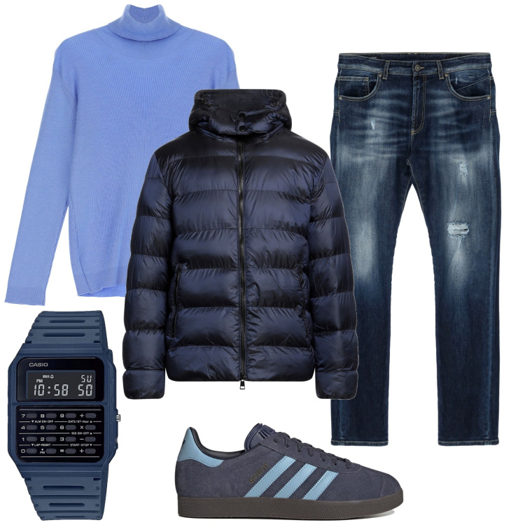 Outfit uomo - Giorni in blu. Stile Casual per Ufficio. Abbinamento con jeans dritti, maglieria, piumini, orologi, sneakers.