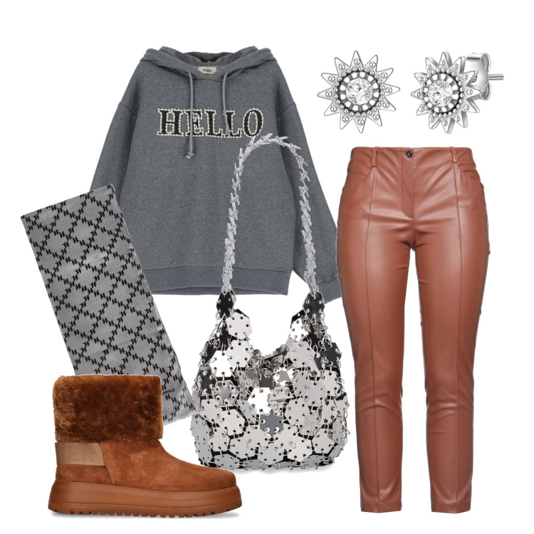 Outfit donna - Ghost outfitter - gennaio. Stile Casual per Tutti i giorni. Abbinamento con sciarpe, pantaloni, orecchini, felpe con cappuccio, borse a spalla, stivaletti.