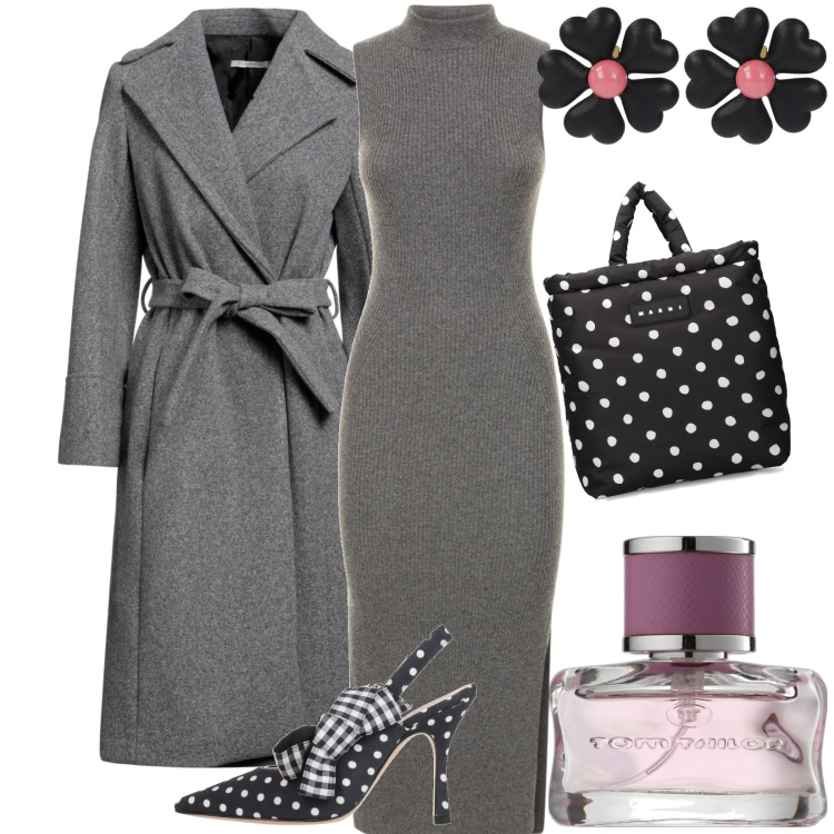 Outfit donna - Dettagli a pois. Stile Casual chic per Tutti i giorni. Abbinamento con cappotti, décolleté, profumi, vestiti, orecchini, shopping bag.