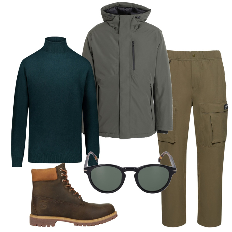 Outfit uomo - Inverno in cargo. Stile Urban per Tutti i giorni. Abbinamento con parka, stivali e stivaletti, maglieria, occhiali da sole, pantaloni.