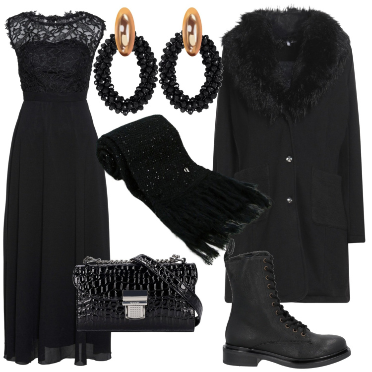 Outfit donna - Tendenzialmente Gothic. Stile Romantica per Serata fuori. Abbinamento con vestiti lunghi, stivaletti, cappotti, orecchini, sciarpe, borse a spalla.