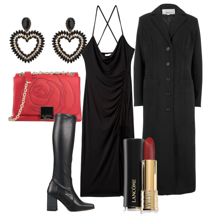 Outfit donna - Dark and lovely. Stile Romantica per Serata fuori. Abbinamento con cappotti, borse a tracolla, stivali sopra il ginocchio, rossetti, vestiti midi/longuette, orecchini.