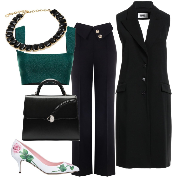 Outfit donna - Green and beautiful. Stile Glamour per Serata fuori. Abbinamento con blazer, décolleté, collane, pantaloni a palazzo, top, borse a mano.