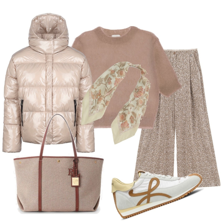 Outfit donna - Tinte naturali. Stile Trendy per Tutti i giorni. Abbinamento con pantaloni a palazzo, pullovers, borse tote, foulard, blazer, sneakers.