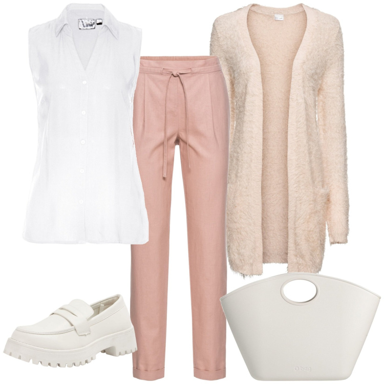 Outfit donna - Anticipo di primavera. Stile Casual per Tutti i giorni. Abbinamento con pantaloni, cardigans, camicie, borse a mano, mocassini.