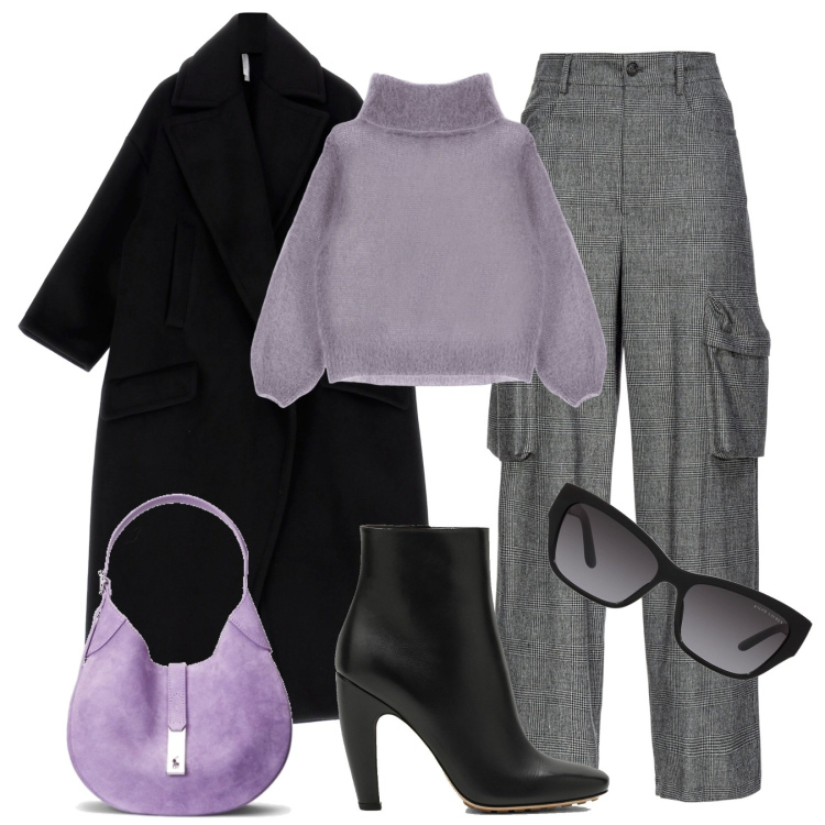 Outfit donna - Total look #1805558. Stile Trendy per Ufficio. Abbinamento con pantaloni cargo, maglieria, cappotti, borse a spalla, occhiali da sole, stivaletti.