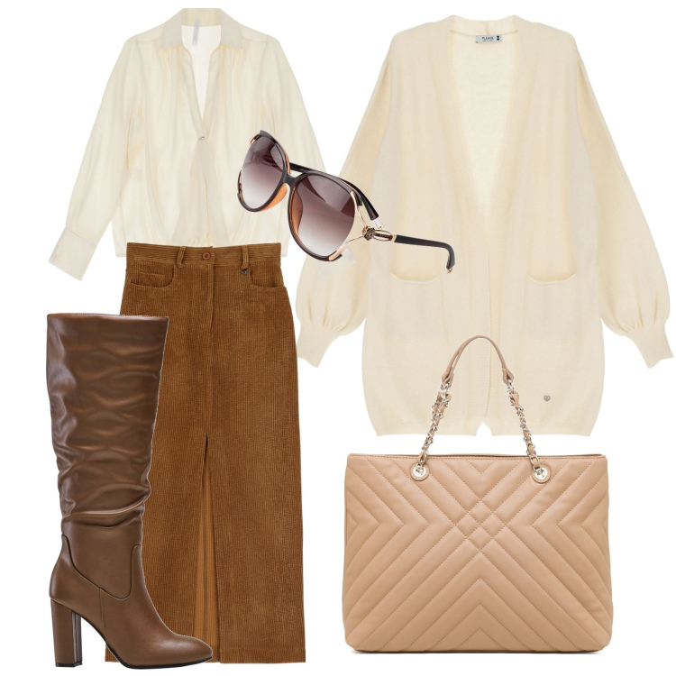Outfit donna - Total look #1805567. Stile Basic per Tutti i giorni. Abbinamento con occhiali da sole, stivali sopra il ginocchio, cardigans, camicie, gonne lunghe, borse a spalla.