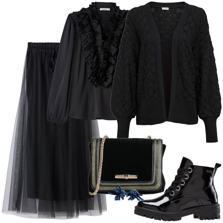 Outfit donna - Tutto nero romantico. Stile Romantica per Serata fuori. Abbinamento con cardigans, stivaletti, borse a tracolla, gonne lunghe, camicie.