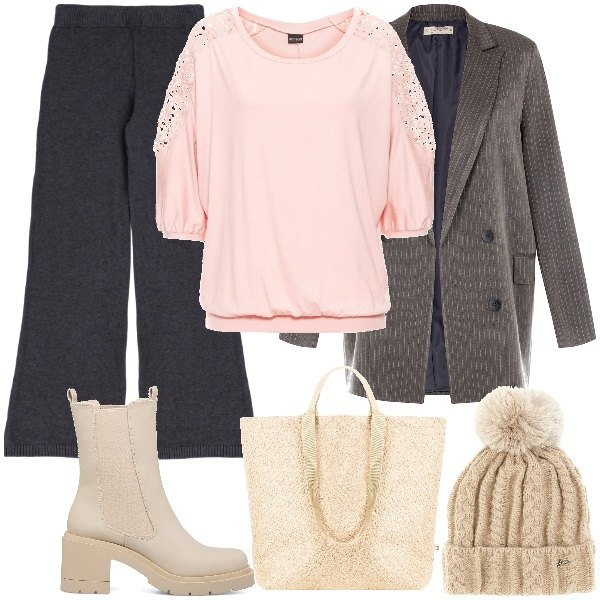 Outfit donna - Oversize Trend. Stile Glamour per Tutti i giorni. Abbinamento con maglieria, borse tote, cappotti, pantaloni a palazzo, stivaletti, berretti.