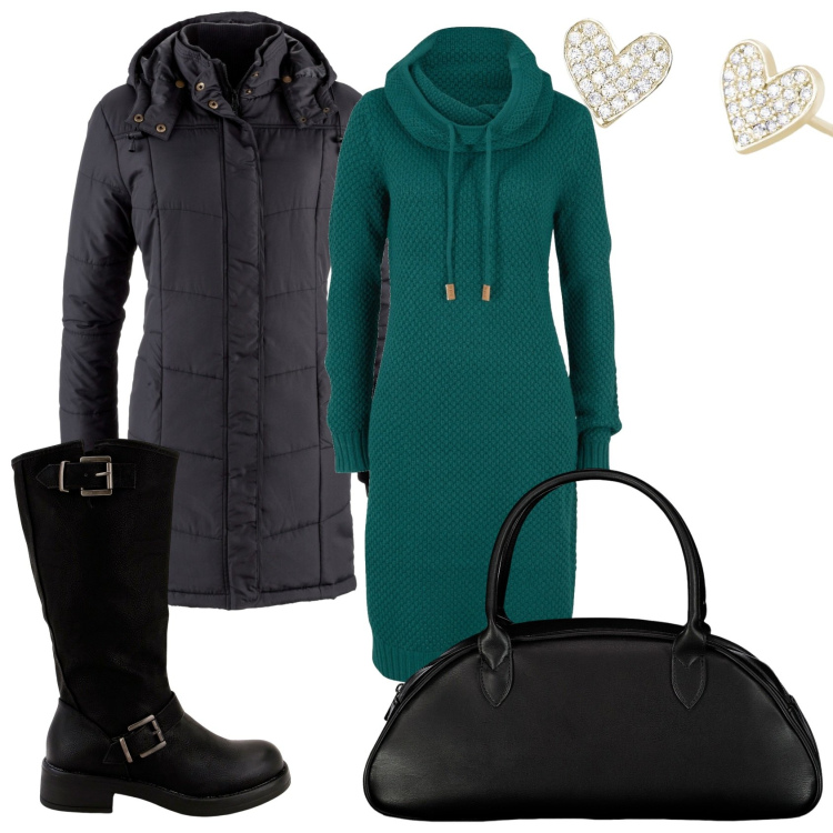 Outfit donna - Vestito felpato e stivali. Stile Urban per Tutti i giorni. Abbinamento con vestiti, cappotti, orecchini, stivali, borse a spalla.