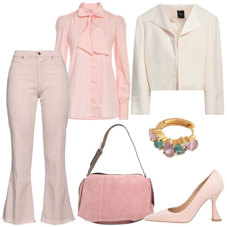 Outfit donna - Giovanile in rosa al party. Stile Vintage retrò per Serata fuori. Abbinamento con décolleté, pantaloni, camicie, blazer, borse a mano, orecchini.