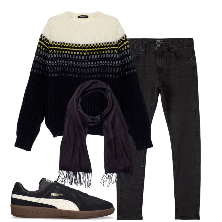 Outfit uomo - Total look #1805599. Stile Casual per Tutti i giorni. Abbinamento con jeans skinny, maglieria, sciarpe, sneakers.