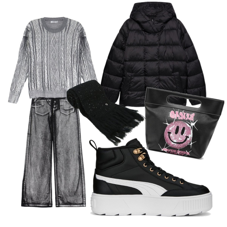 Outfit donna - Teen Queen. Stile Trendy per Tutti i giorni. Abbinamento con pantaloni a palazzo, pullovers, sciarpe, piumini, sneakers, borse tote.