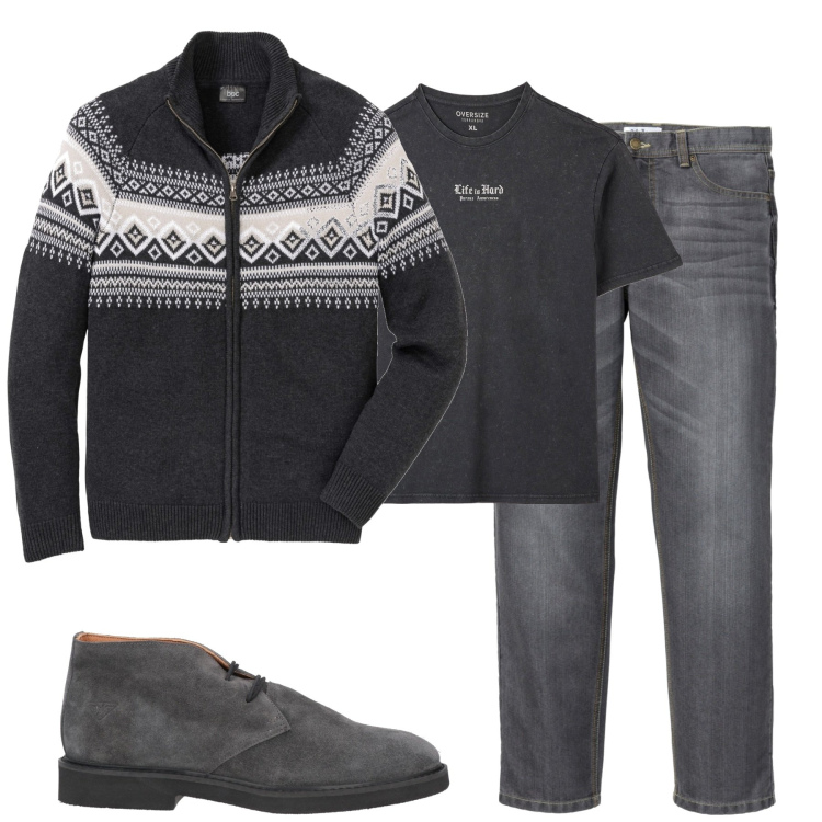 Outfit uomo - Total look #1805601. Stile Urban per Tutti i giorni. Abbinamento con jeans dritti, cardigans, stivali e stivaletti, t-shirt.