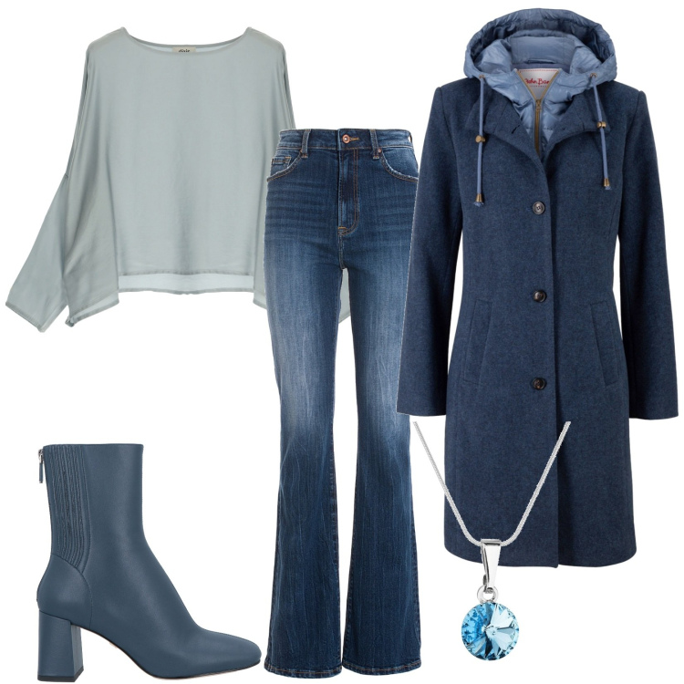 Outfit donna - Total look #1805603. Stile Casual per Serata fuori. Abbinamento con cappotti, stivaletti, collane, jeans bootcut, maglieria.