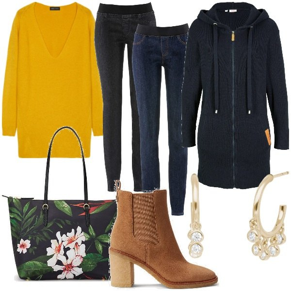 Outfit donna - Oversize Trend. Stile Casual chic per Tutti i giorni. Abbinamento con cardigans, jeggings, orecchini, stivaletti chelsea, borse tote, maglieria.