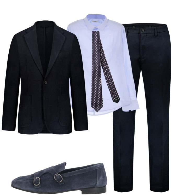 Outfit uomo - Blu chic. Stile Business/Elegante per Tutti i giorni. Abbinamento con scarpe stringate, cravatte, camicie, pantaloni, giacche.