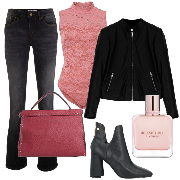 Outfit donna - Il body in pizzo rosa. Stile Casual chic per Serata fuori. Abbinamento con jeans bootcut, body, stivaletti, borse a mano, profumi, cappotti.