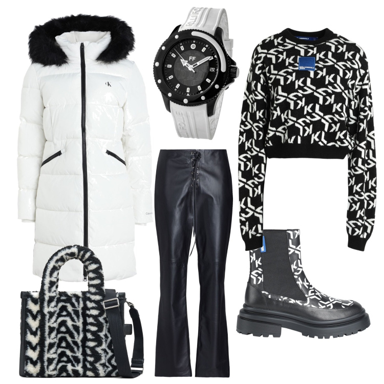 Outfit donna - Black and white d inverno.... Stile Casual chic per Tutti i giorni. Abbinamento con pullovers, piumini, pantaloni, stivaletti chelsea, orologi, borse tote.