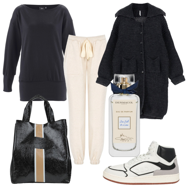 Outfit donna - Comfort. Stile Casual per Tutti i giorni. Abbinamento con felpe, sneakers alte, borse a mano, profumi, pantaloni, cappotti.