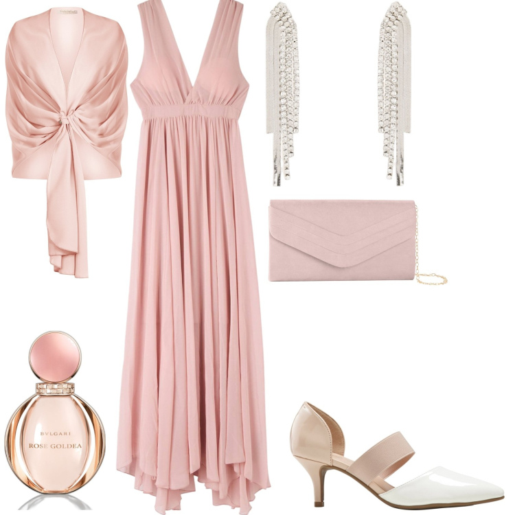 Outfit donna - Abito cerimonia low cost. Stile Romantica per Cerimonia. Abbinamento con pochette, décolleté, profumi, vestiti lunghi, stole, orecchini.