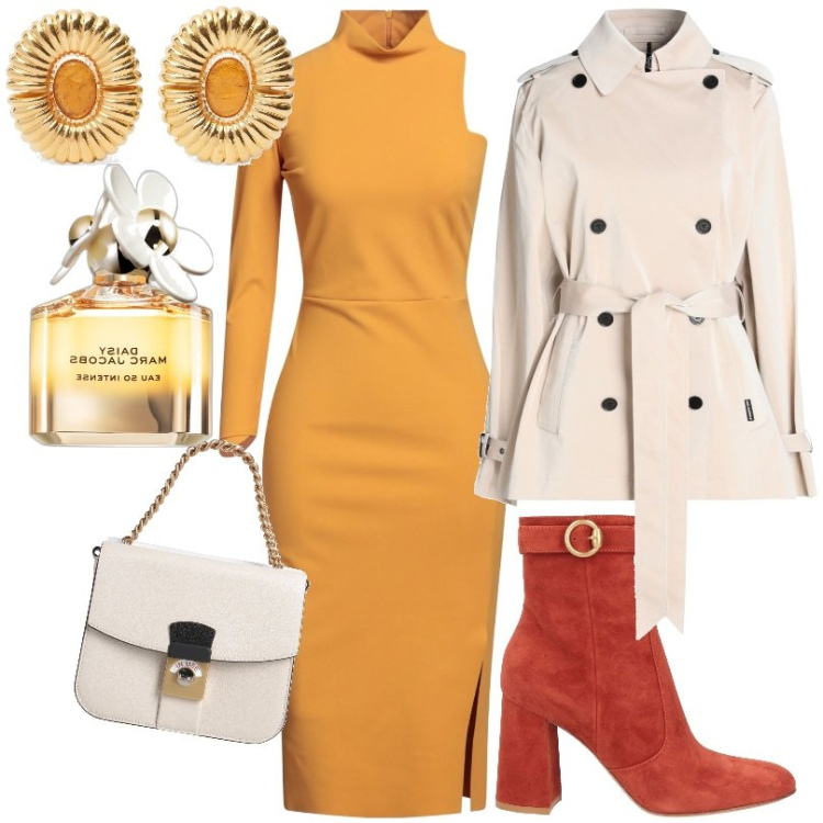Outfit donna - Stile per una donna forte e indipendente. Stile Chic per Tutti i giorni. Abbinamento con vestiti asimmetrici, cappotti, borse a mano, stivaletti, profumi, orecchini.