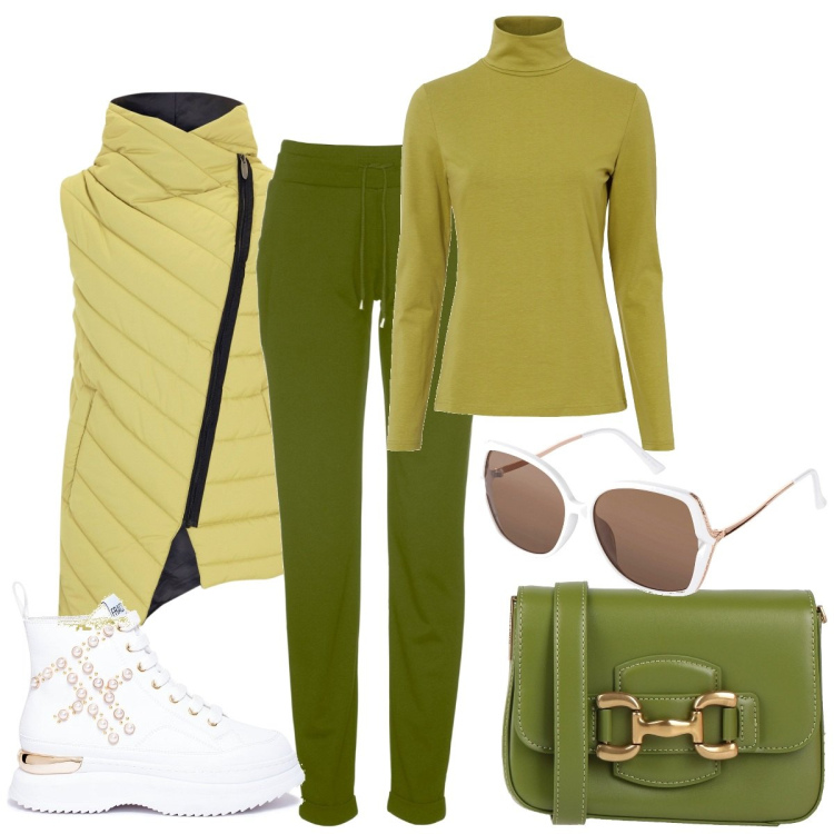 Outfit donna - Total look #1805719. Stile Sporty chic per Sport. Abbinamento con pantaloni, maglieria, gilet, occhiali da sole, borse a tracolla, sneakers.