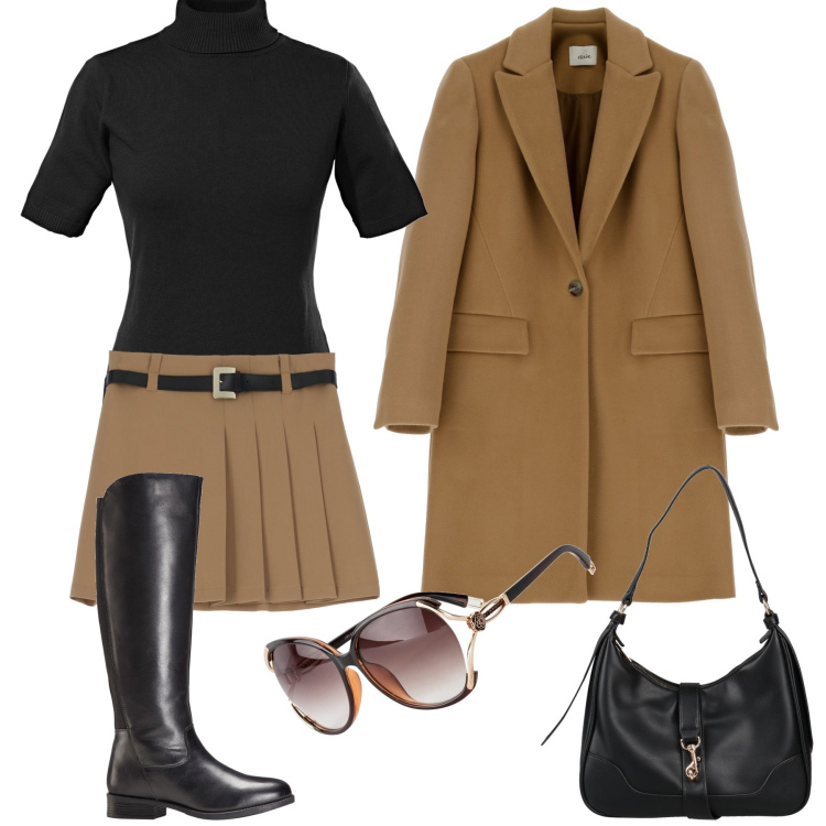Outfit donna - Parigina in minigonna. Stile Bon Ton per Tutti i giorni. Abbinamento con borse a spalla, maglieria, occhiali da sole, stivali, minigonne, cappotti.