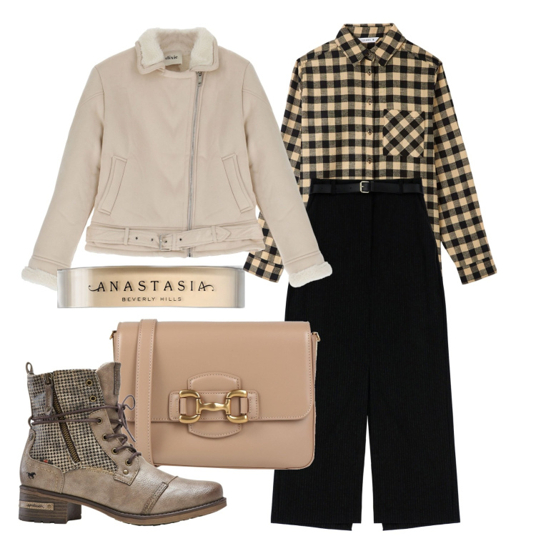 Outfit donna - Inverno. Stile Casual per Ufficio. Abbinamento con stivaletti, borse a tracolla, ciprie, camicie, gonne lunghe, cappotti.