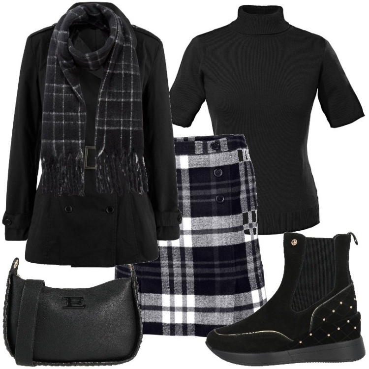Outfit donna - Gonna a quadri dall’aspetto bon ton. Stile Casual per Tutti i giorni. Abbinamento con borse a tracolla, stivaletti chelsea, trench, maglieria, minigonne, sciarpe.