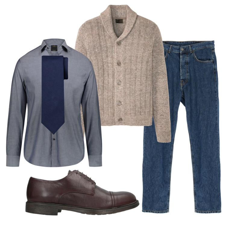 Outfit uomo - Inverno cravatta e cardigan. Stile Trendy per Tutti i giorni. Abbinamento con cardigans, scarpe stringate, jeans dritti, camicie, cravatte.